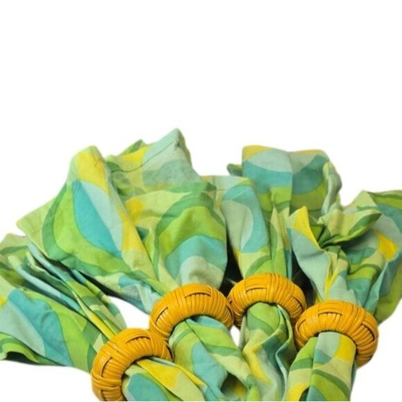 Set Of 4 Retro Groovy Green & Yellow Cloth Napkins W/ Wicker Napkin Rings Boho - Picture 2 of 10